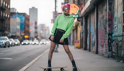 Trendy Street Style Woman with Skateboard in City