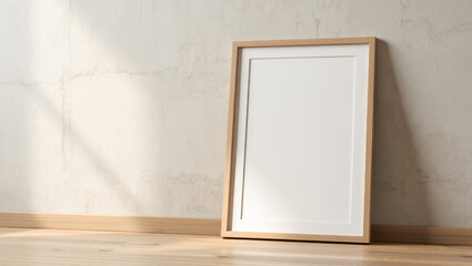 Framed blank canvas leaning against textured wall in bright room for interior design presentation or art showcase,  interior design mockup for showcasing photos or artwork. Copy space