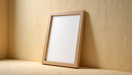 Blank wooden picture frame leaning on beige textured wall background, interior design mockup, art display, home decor setting, ideal for showcasing photos or artwork. Copy space