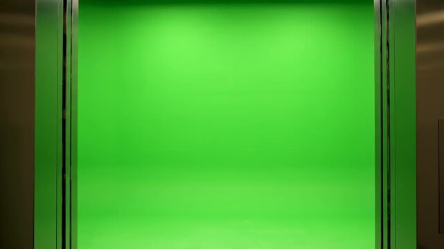 Elevator doors opening to reveal a green screen. Chroma key background for compositing and visual effects. Modern transition for a new beginning or opportunity concept