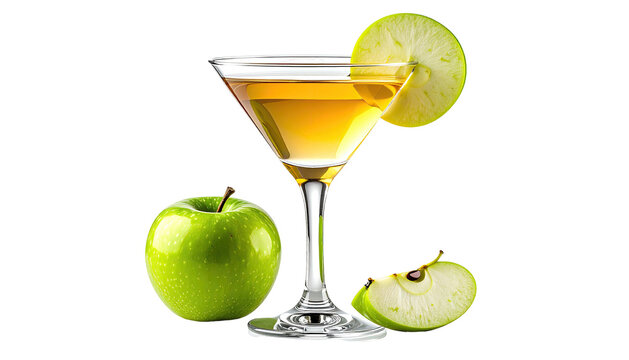 Martini glass with green apple cocktail & garnish on black