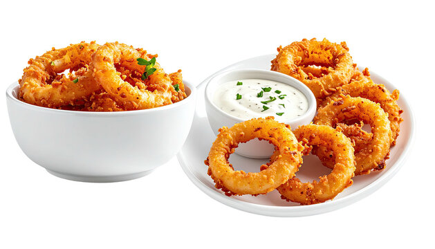 Fried onion rings served with creamy white dipping sauce