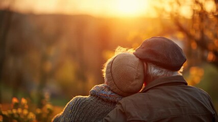 Senior couple enjoys a warm hug outdoors during a beautiful spring sunset in a peaceful natural setting