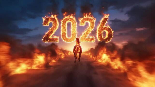 A powerful fire horse gallops for Chinese New Year 2026. Epic animation of the Year of the Horse zodiac sign. Fantasy animal burning with flames and smoke