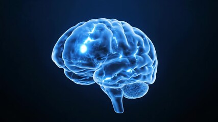 A rotating 3D brain scan showing neural activity. Glowing electrical impulses representing thought and intelligence. Medical and scientific animation - Powered by Adobe
