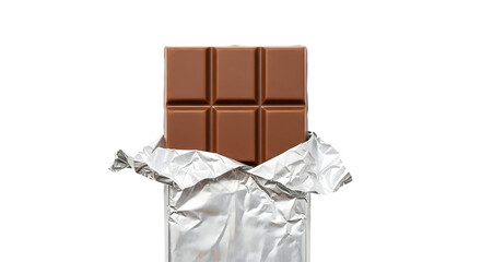 A delicious milk chocolate bar partially unwrapped from its shiny silver foil packaging isolated on transparent background