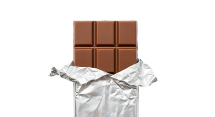 A delicious milk chocolate bar partially unwrapped from its shiny silver foil packaging isolated on transparent background