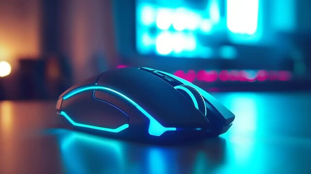 Illuminated computer peripheral glows with vibrant neon lights on a reflective surface.