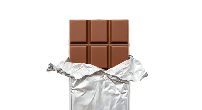 A delicious milk chocolate bar partially unwrapped from its shiny silver foil packaging isolated on transparent background
