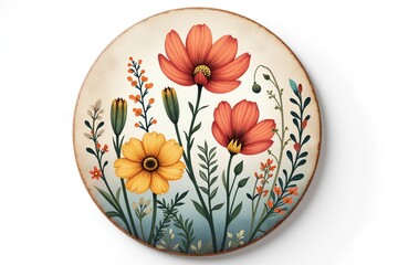 Illustration. A bouquet of wildflowers on a round plate