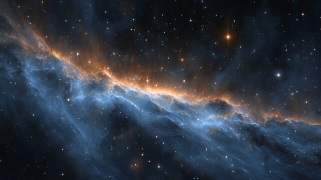 Abstract cosmic cloudscape with swirling blue and orange nebula luminous galaxy clouds and starry deep space background for fantasy sci fi design