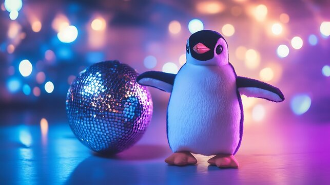 Stuffed penguin dancing under a disco ball - Powered by Adobe