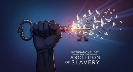 Celebrate freedom with powerful imagery of a broken key releasing doves for International Day for the Abolition of Slavery, a symbol of hope and liberation