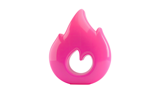 Glossy pink flame icon with internal negative space, against black