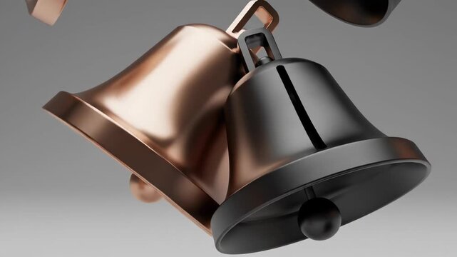 Vertical video of 3D animated copper and black bells floating and rotating. Abstract minimalist background for notifications. Celebration and announcement concept