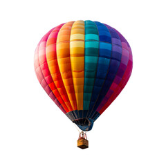 Colorful hot air balloon suspended against white sky on a transparent background, cut out