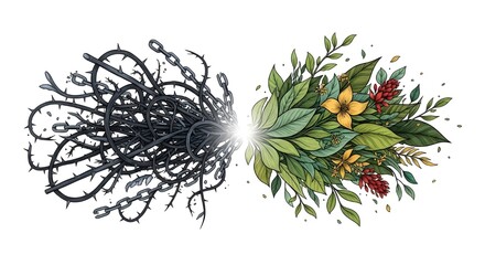 From darkness to light, beautiful floral design emerging from thorns and chains brings hope, resilience, and new beginnings in a creative illustration