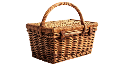 Woven wicker basket with lid and handle, isolated shot