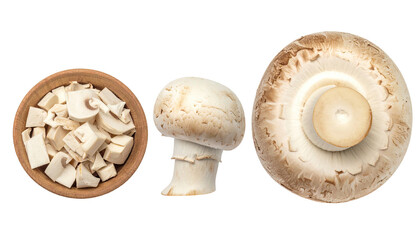 Sliced, whole, cap view of three common button mushrooms