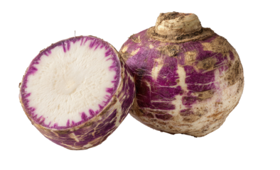 Round root vegetable, one cut in half showing white interior