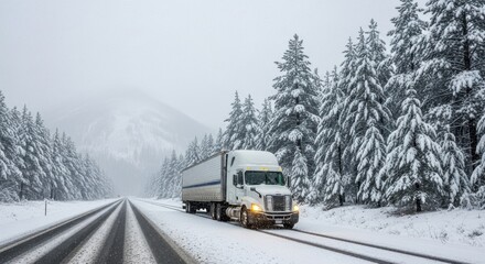White semi truck navigates snowy mountain road lined with snow covered pine trees