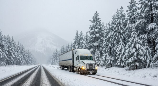 White semi truck navigates snowy mountain road lined with snow covered pine trees