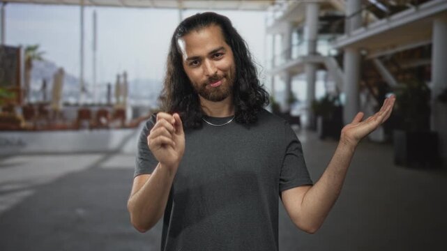 Man points finger with open palm in bright airport terminal near glass windows and structural columns; playful confidence.