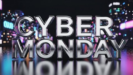 Abstract dark scene promoting Cyber Monday sales event with 3D chrome letters. Modern shopping promotion offers a vibrant digital backdrop for Cyber Monday announcements. - Powered by Adobe