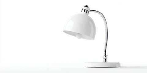 Modern white desk lamp with a chrome gooseneck stand on a white surface isolated