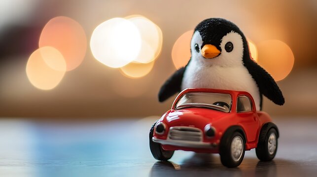 Stuffed penguin driving a tiny red toy car - Powered by Adobe