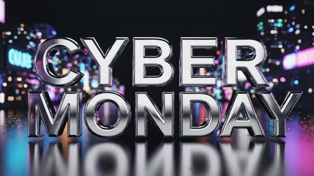Abstract dark scene promoting Cyber Monday sales event with 3D chrome letters. Modern shopping promotion offers a vibrant digital backdrop for Cyber Monday announcements.