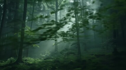 Mysterious and serene green forest with morning mist and sunbeams filtering through dense trees, tranquil woodland landscape. - Powered by Adobe