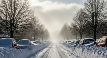 Snowy street lined with covered cars and bare trees under a hazy sky