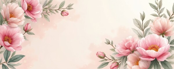 Delicate watercolor peonies and buds form floral corners on pale pink background. Soft pastel colors create romantic atmosphere for spring, summer, or wedding themes. Elegant botanical art for design.