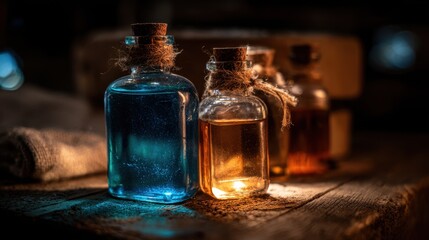Glass bottles with cork stoppers containing colorful liquids and a textured cloth