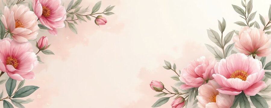 Delicate watercolor peonies and buds form floral corners on pale pink background. Soft pastel colors create romantic atmosphere for spring, summer, or wedding themes. Elegant botanical art for design.