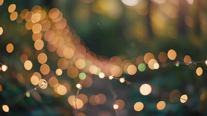 Vertical video of glowing string lights with a golden bokeh effect. Abstract festive background with twinkling decorations at night. Magical atmosphere for a celebration - Powered by Adobe