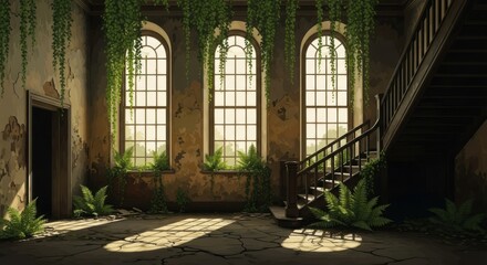 Fototapeta premium Abandoned house interior with overgrown vegetation and staircase