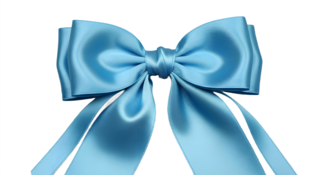 Elegant light blue satin ribbon bow isolated for gift wrapping and holiday decoration design. isolated PNG with Transparent Background