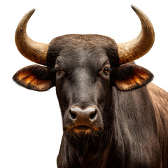 Naklejka premium Gaur bull with large curved horns on white background on a transparent background, cut out