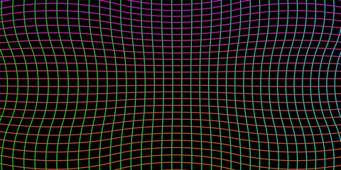 Vibrant Rainbow Wireframe Grid Pattern – Curved Geometric Distortion with Gradient Lines on Dark Background for Abstract Tech, Digital Art, Wallpaper, and Modern Visual Designs