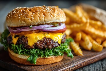 Gourmet cheeseburger with lettuce, tomato, onion, pickles and french fries hamburger cheddar
