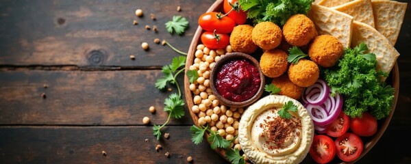 Rustic wooden platter holds organic finger foods like falafel, hummus, pita bread. Fresh cherry tomatoes, chickpeas, parsley garnish assortment for healthy sharing. Perfect for parties or picnics.