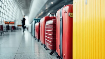 Luggage suitcases line up in a busy airport terminal awaiting travel during peak departure hours