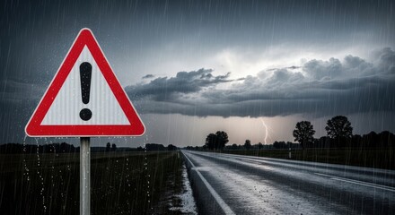 Roadside warning sign signals impending storm on a wet and gloomy highway