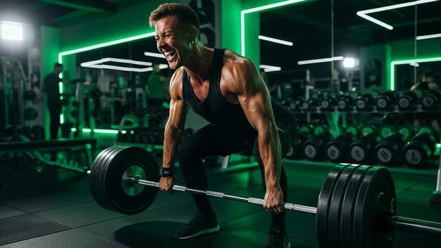 Determined athlete performs a challenging deadlift with intense focus in a sleek, modern gym, illuminated by dynamic green lighting, symbolizing raw power and dedication