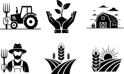 Farming vector icons, tractor, barn, field, farmer, plant growth, agriculture tools, rural landscape, black and white clipart, illustration