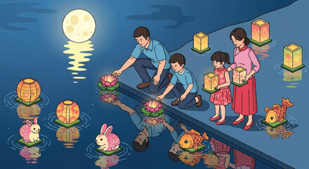 Mid-Autumn Reverie: A family releasing floating lanterns on the water's surface beneath the radiant glow of the full moon during Mid-Autumn Festival, embracing tradition, joy and reflection.