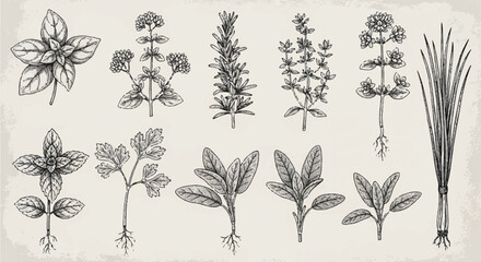 Set of Engraving Style Botanical Illustrations of Culinary Herbs Including Sage, Mint, and Hyssop
