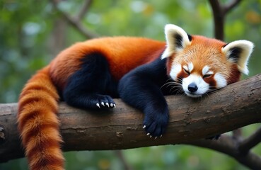 Cute red panda sleeps soundly on thick tree branch. Its bright orange fur, black limbs, ringed tail are visible. This furry wild animal rests peacefully in its natural habitat during day in summer.